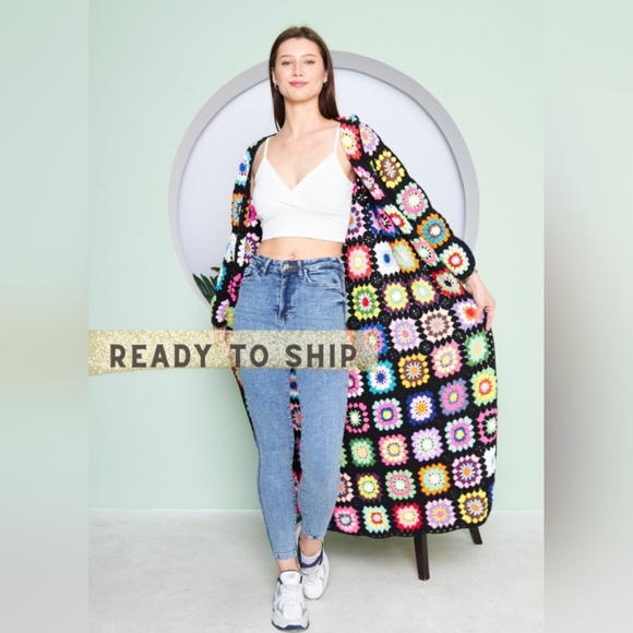 Crocheted Granny Square Cardigan Sweater xl xxl Homemade - Picture 1 of 10